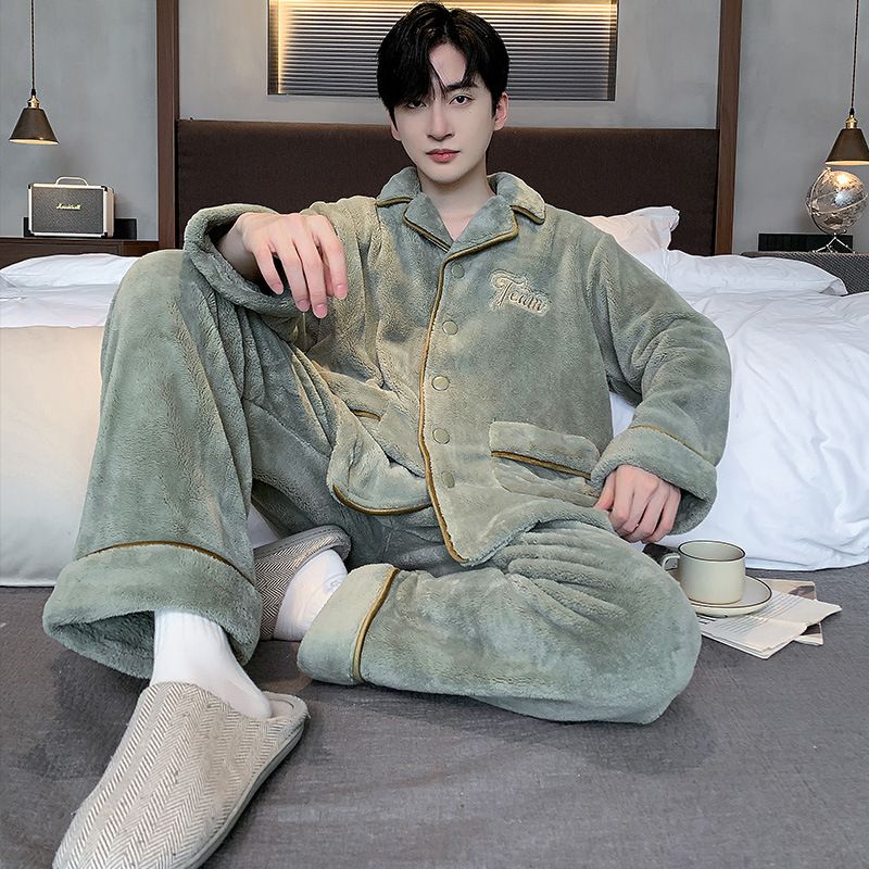 Autumn and Winter Thick Coral Sleepwear Men's Set with Velvet Warm Flannel Cardigan Home Clothes 2024 New Edition_voghion.com