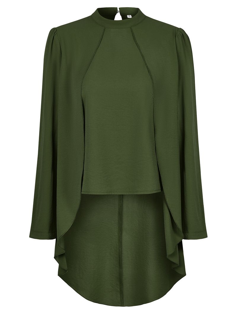 Abbigliamento da donna, camicia in due pezzi finta a maniche lunghe, tinta unita, collo semi-alto, casual, da donna_voghion.com