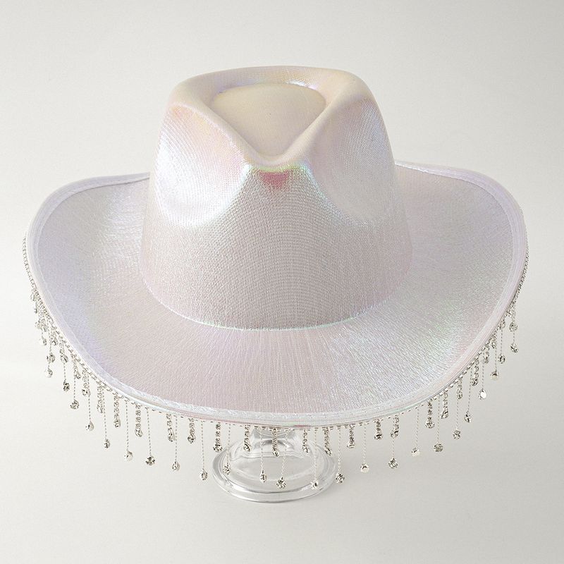 Sombrero de copa unisex estilo Panamá para mujer, de mezclilla neón con borlas de metal y diamantes de imitación, ideal para espectáculos de danza._voghion.com