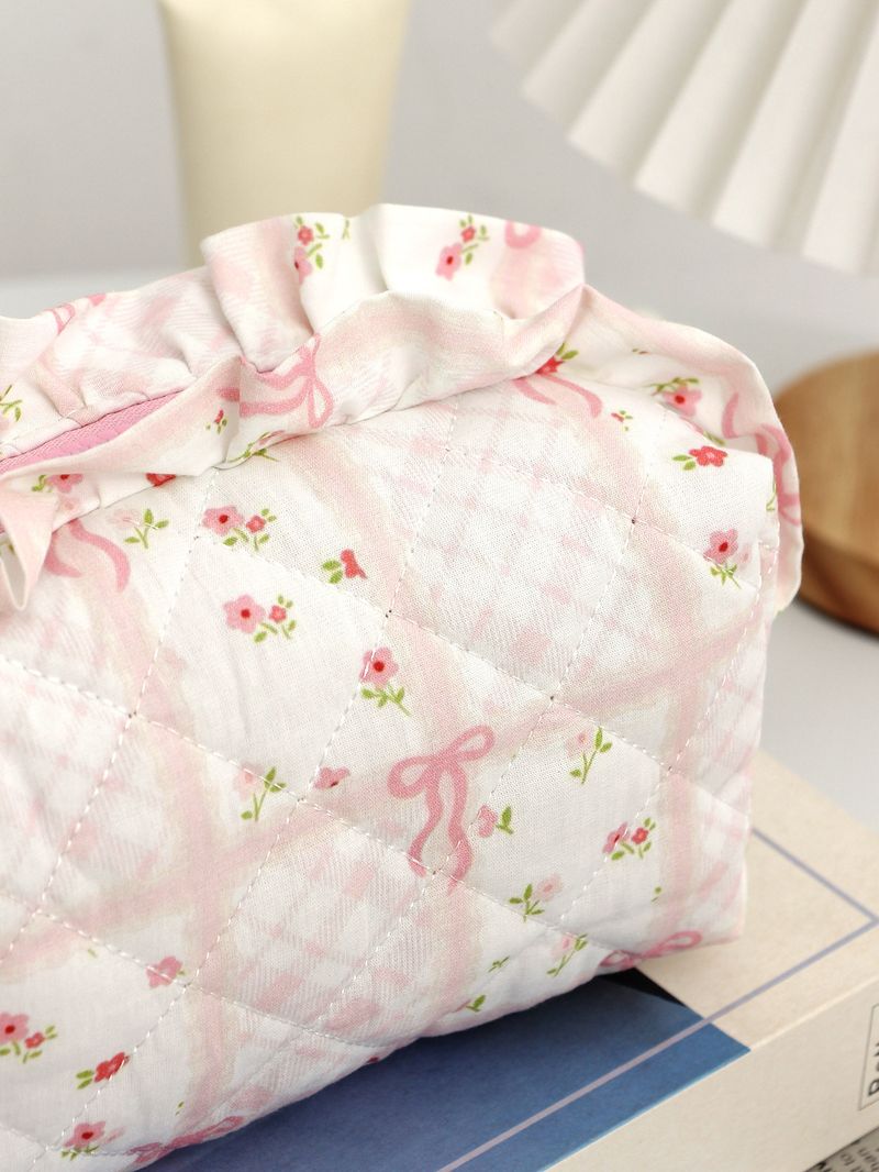Bow Cherry Kosmetiktasche aus Stoff, große Kapazität, gesteppt, Aufbewahrungstasche für Hautpflegeprodukte, tragbare Reisetasche_voghion.com
