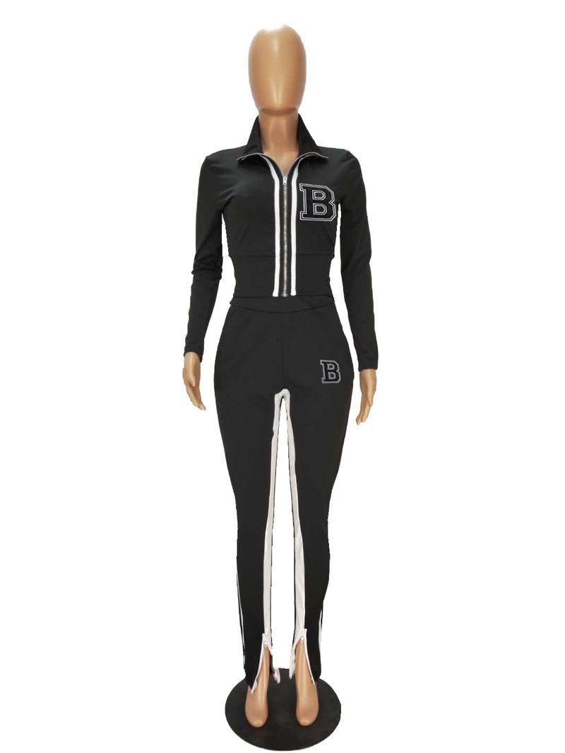 Women's Clothing Trouser Leg Zipper Slit Color Matching Sports Leisure Suit_voghion.com