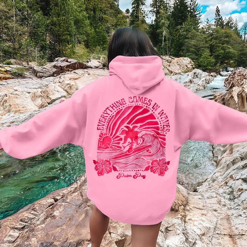 Novo moletom com capuz feminino com forro de lã tamanho europeu e ombros caídos, estampado Chasing Sunsets_voghion.com