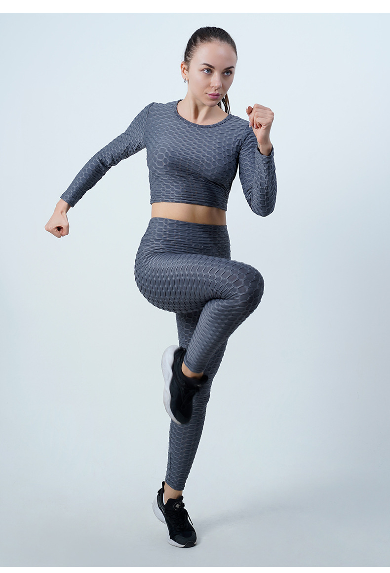 Outfit Rückenfreie Hüfthebe-Fitnesshosen Frauen Plus Size Langarm Bubble Sports Yoga Set Eng anliegend_voghion.com