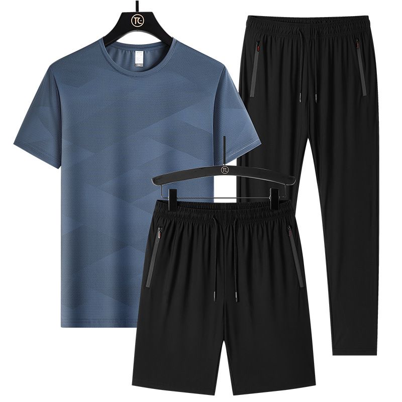 Conjunto de nailon y seda de hielo para hombre, combinado con pantalones cortos Five Cent de manga corta para negocios, absorbe el sudor y es transpirable._voghion.com