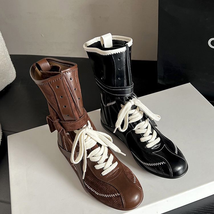 Inner Height Increase Duck Hunting For Women, Ins Style Versatile Color Block Niche Design Lace-up Boxing Boots, Outdoor_voghion.com