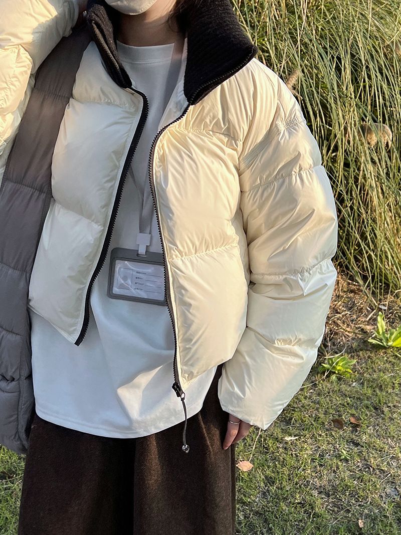 Women's Korean Style Knit Paneled Short Puffer Jacket With High Neck, 90% White Duck Down Filling, Thickened Winter Coat_voghion.com