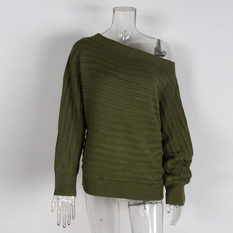 Eleganter Strickpullover mit Fledermausärmeln und U-Boot-Ausschnitt für Damen – weicher Acrylstoff, entspannte Passform, vielseitiger Pullover in Volltonfarbe für Herbst und Winter_voghion.com