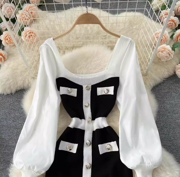 Abito da donna con colletto quadrato, bottoni, colore a contrasto, in maglia, vita sottile, manica a lanterna, fondo, fianchi, gonna_voghion.com
