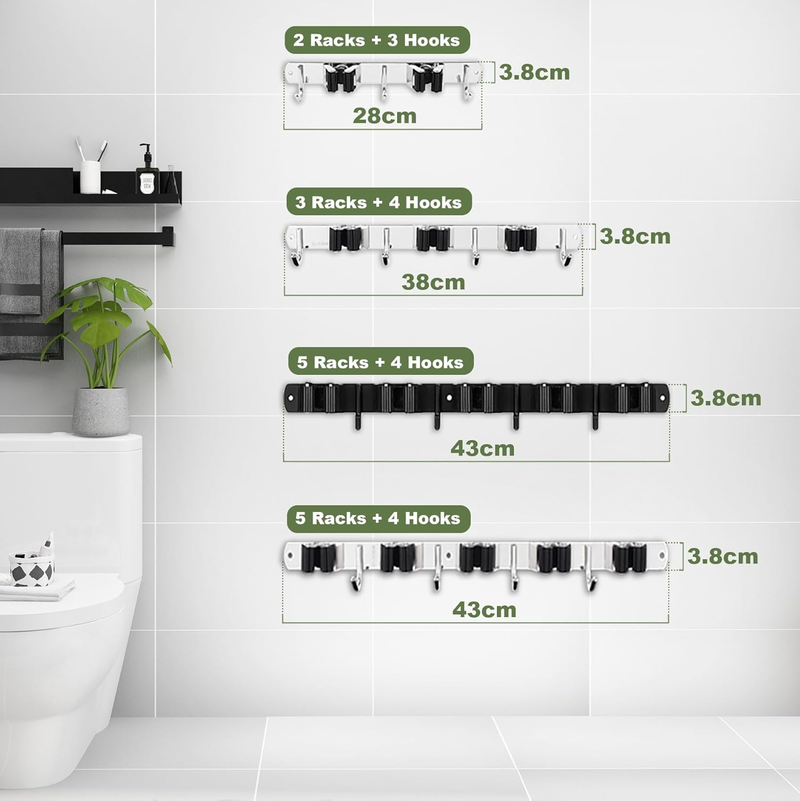 Stainless steel 5 shelves and 4 hooks mop and broom holder wall mounted_voghion.com