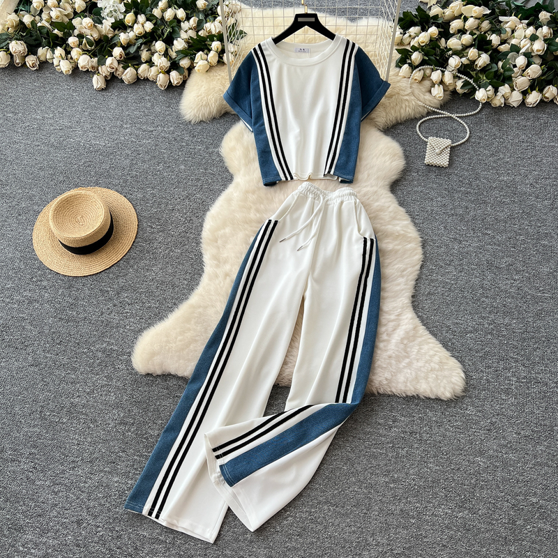Hauts décontractés à manches courtes et rayures contrastées pour femme, mode été, taille haute, coutures en denim, jambes larges et longues_voghion.com