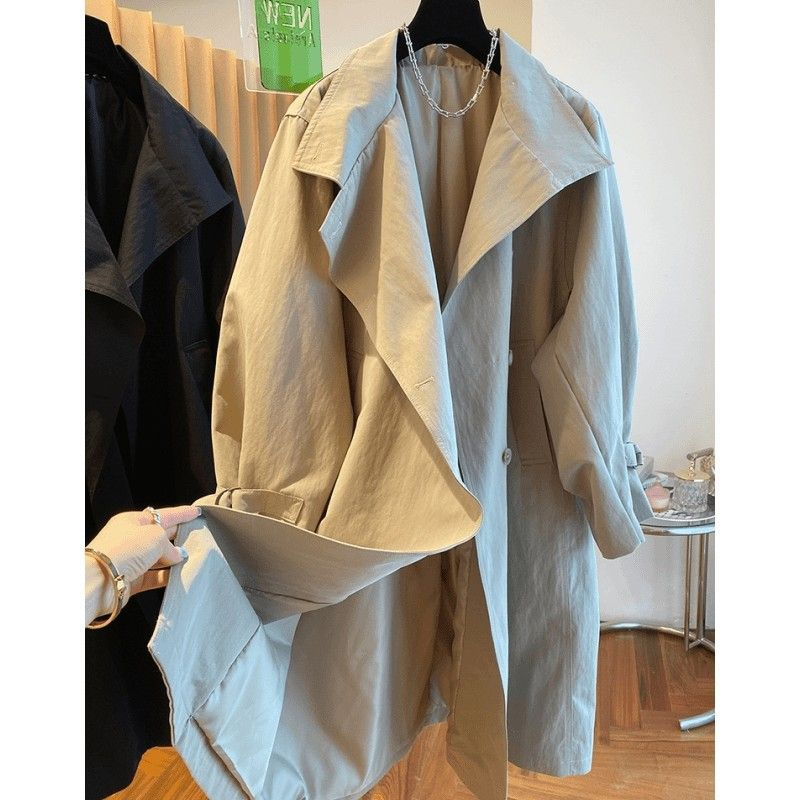Trench elegante con collo alto, taglie forti, per donna - Cappotto lungo casual oversize con maniche a palloncino Abbigliamento donna_voghion.com