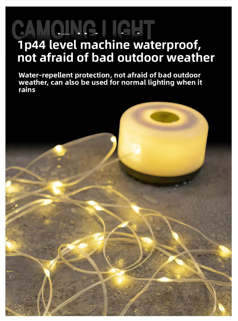 Cordão de luzes de acampamento à prova d'água de 10 m com 100 LEDs, carregamento USB tipo C, armazenamento em carretel IP65, modos quente e colorido para áreas externas, barraca, jardim, festa_voghion.com