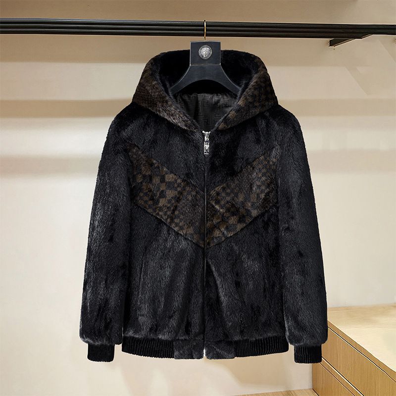 Cappotto in visone sintetico premium da uomo - Giacca invernale con cappuccio, pelliccia di montone color oro e design color-block_voghion.com