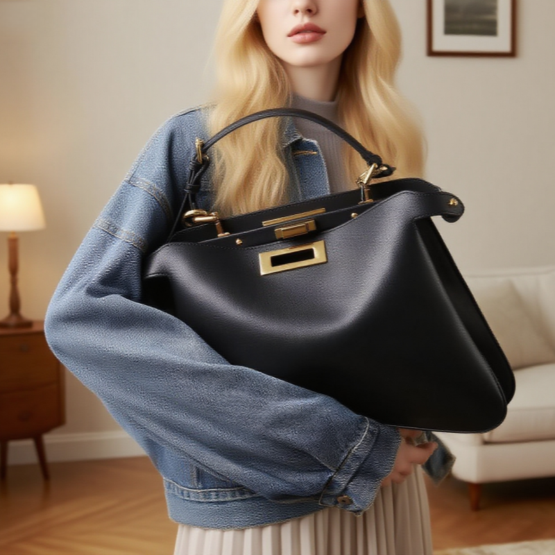 Elegant Boho Chic Cowhide Leather Tote Bag – Luxury Handbag With Gold Hardware For Everyday & Evening Use, Daily Work Bag, Gift Bag For Her_voghion.com