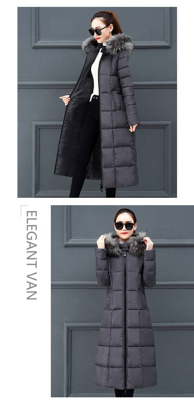 Women's Clothing Plus Size Knee-Length Puffer Coat With Detachable Faux Fur Hood, Warm Winter Jacket For Casual & Commute (Blue/Red/Gray/Black)_voghion.com
