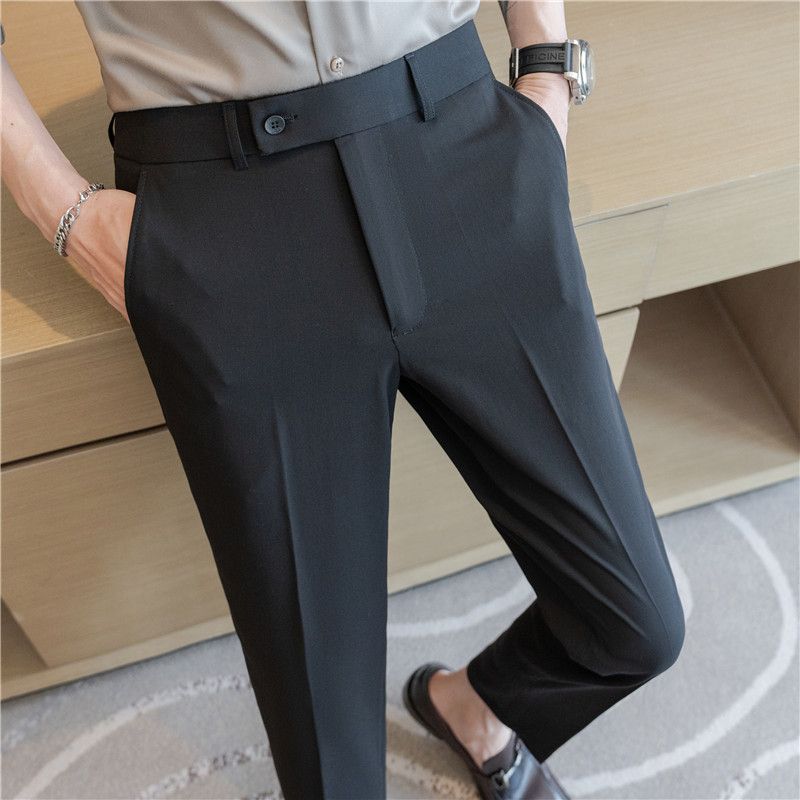 Summer new men's casual trousers, thin comfortable small straight nine-point trousers, elastic and drape on all sides, white trousers_voghion.com