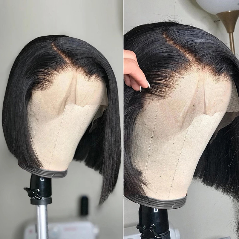 Venda quente brasileiro curto frente reta 13x4 transparente frontal perucas de cabelo humano para mulheres negras 4x4 fechamento renda bob peruca_voghion.com
