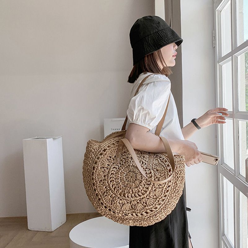 Borsa a tracolla grande capacità estiva rotonda in paglia per donna, in tessuto cavo, da viaggio, da spiaggia, casual, per lo shopping_voghion.com