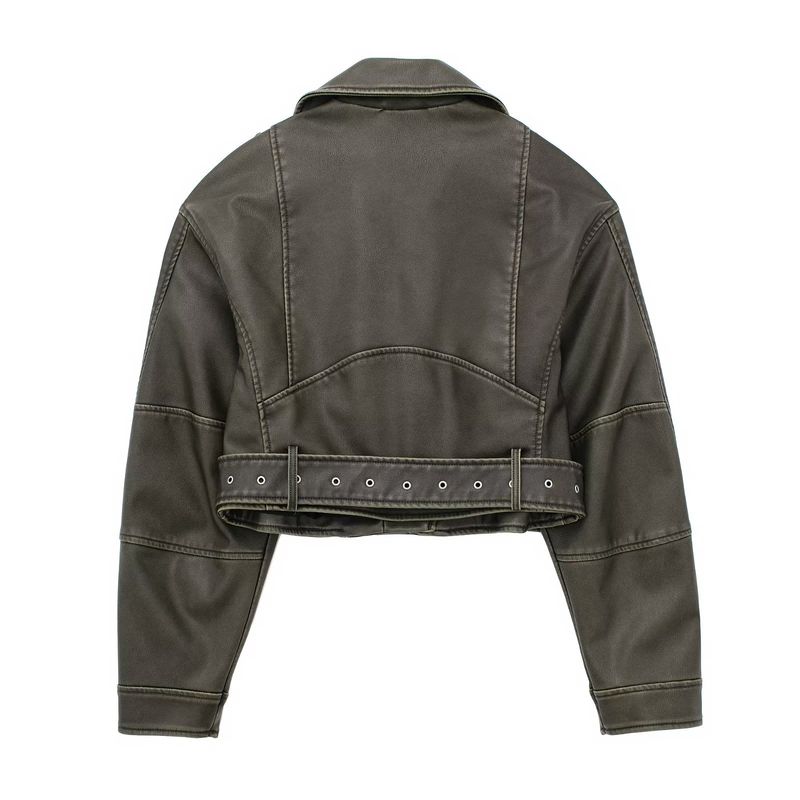 Dameskleding 2024 herfst en winter nieuw item diagonale rits riem revers leren PU jas_voghion.com