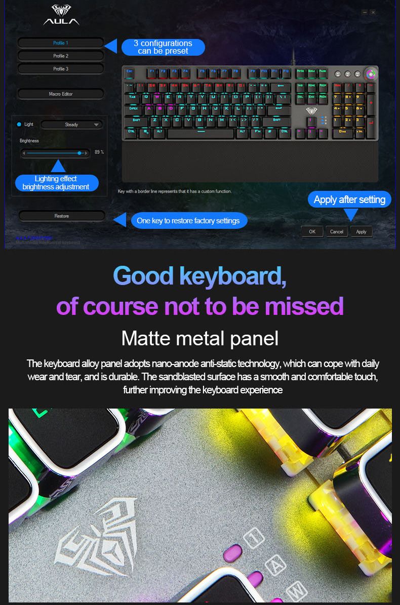 AULA F2088 Mechanische Gamer-Tastatur, Punk-Tastenkappe, Retro, 104 Tasten, Multimedia-Knopf, RGB-Hintergrundbeleuchtung, Kabelgebunden, Anti-Ghosting_voghion.com