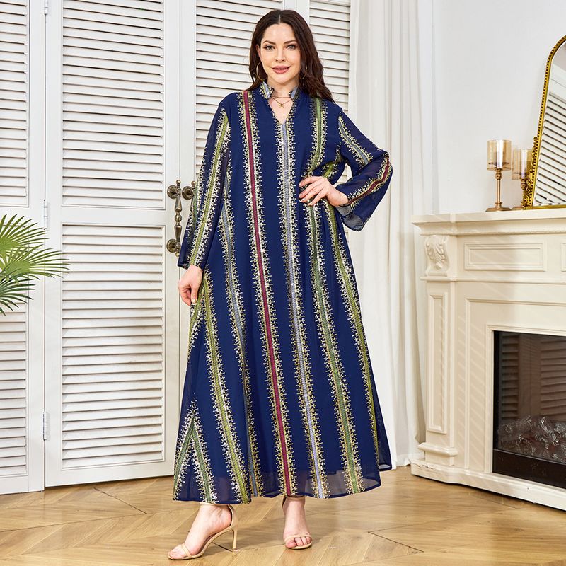 Novo vestido muçulmano longo com pingente azul e contas da moda feminina da fábrica de roupas_voghion.com