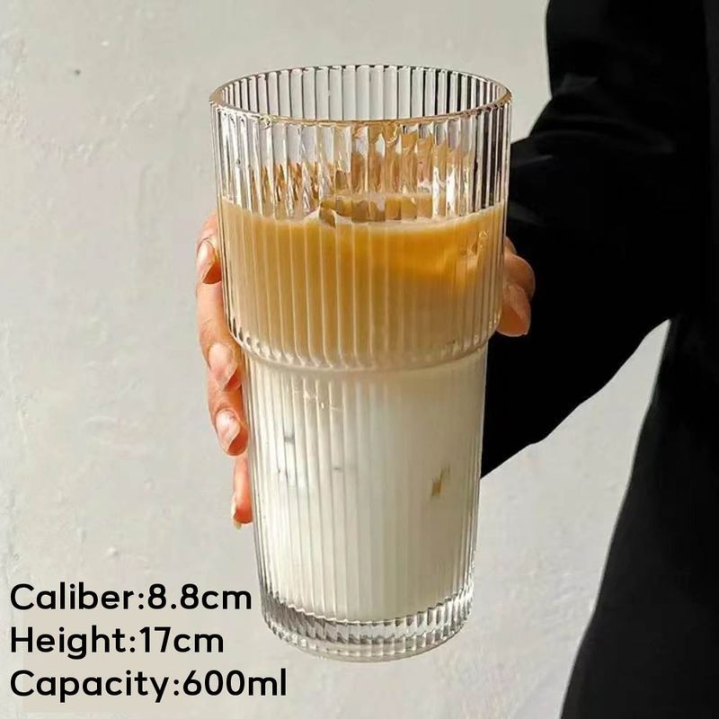 600ML Stripe Glass Coffee Cup With Straw Lid For Milk Tea Juice Breakfast Mugs Drinkware Travel Drinking Water Bottle Ho_voghion.com