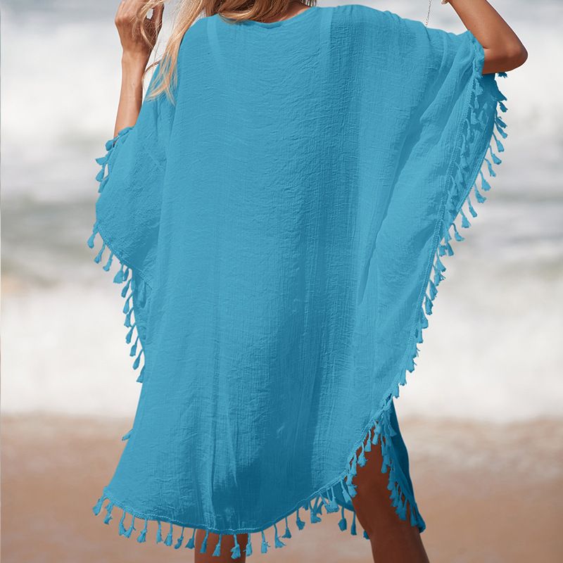 Gehäkeltes Strandkleid – Kurzes Boho-Kleid mit Fransenbesatz (Einheitsgröße, Badebekleidungs-Wickelkleid, Resort-Kleidung, UV-Schutz)_voghion.com