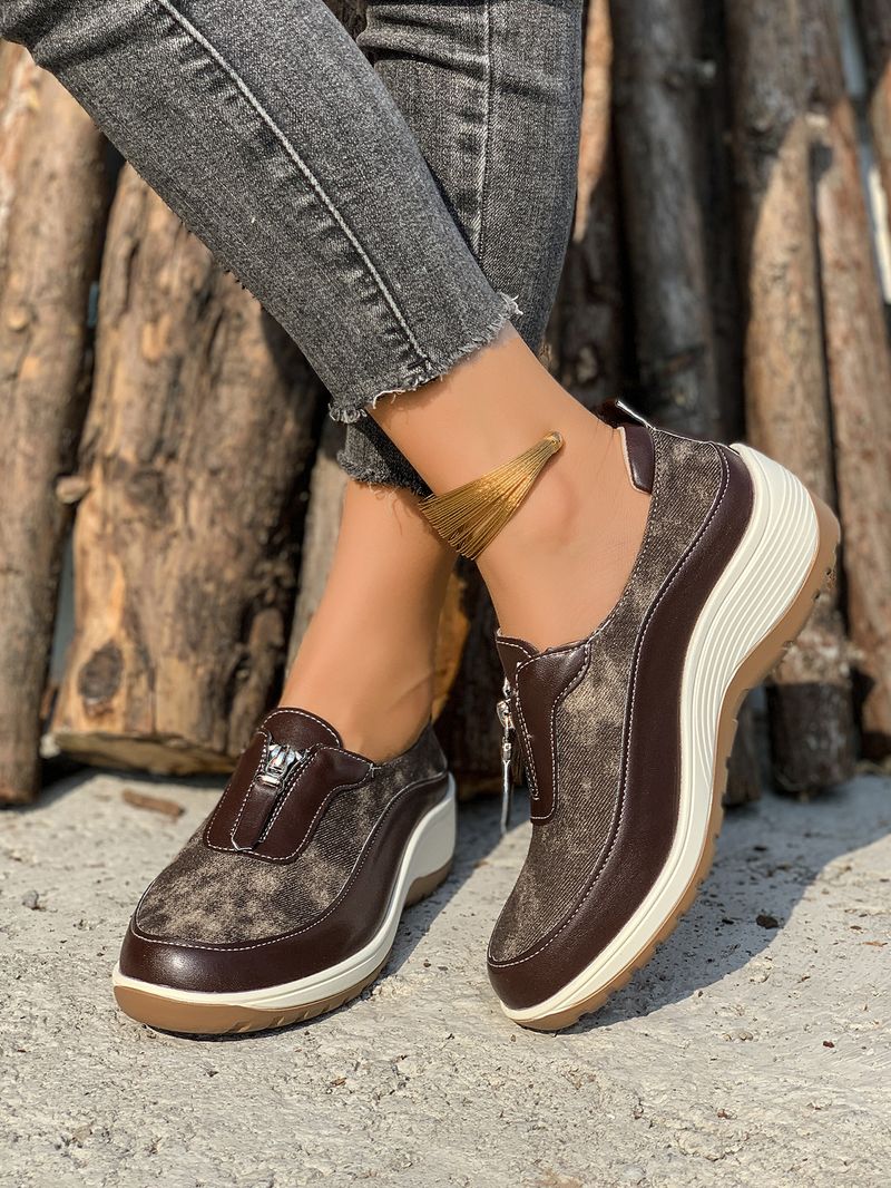 Damenschuhe große Freizeitschuhe farblich passende Leopardenmuster Keilabsatz dicke Sohle runde Zehen Slip-On-Schuhe_voghion.com