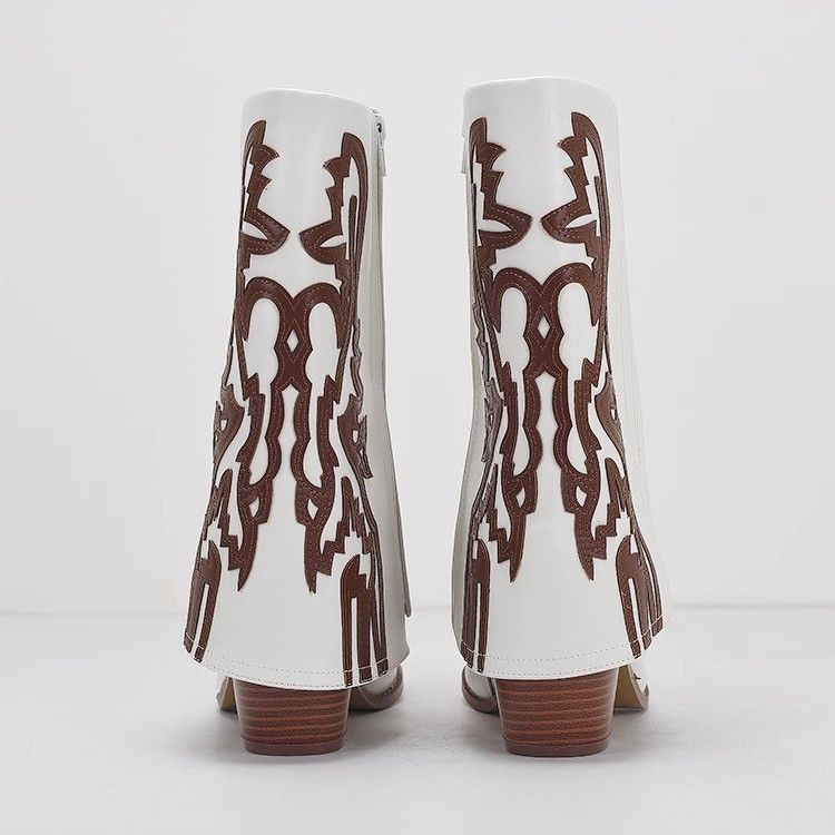 Buitenlandse handel Amerikaanse originele retro gesneden witte leren dikke hak hoge hak rits westerse cowboy korte laarzen broekspijp laarzen vrouwen_voghion.com