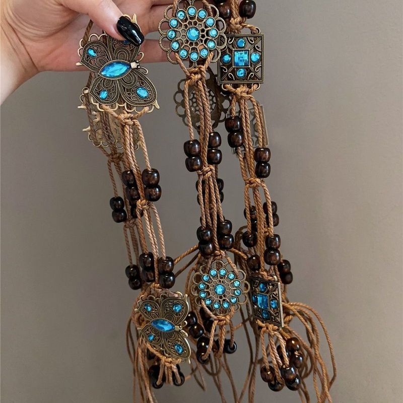 Retro Ethno-Stil Handgewebter Gürtel Kleid Dekorative Vielseitige Persönlichkeit Blauer Kristall Schmetterling Taillenkette Damen_voghion.com