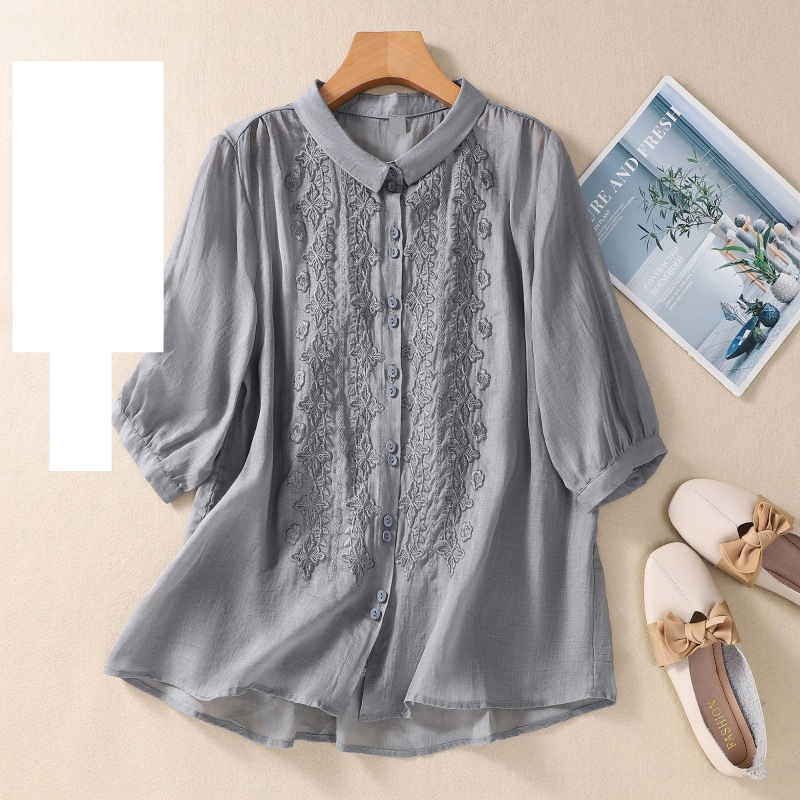 Camicetta vintage da donna in lino e cotone con maniche a sette quarti, con fiori ricamati_voghion.com