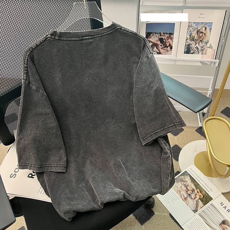 Damen T-Shirt mit Rundhalsausschnitt, gewaschenem alten Kurzarm, lässig, vielseitig, lässig, mittellang, T-Shirt_voghion.com