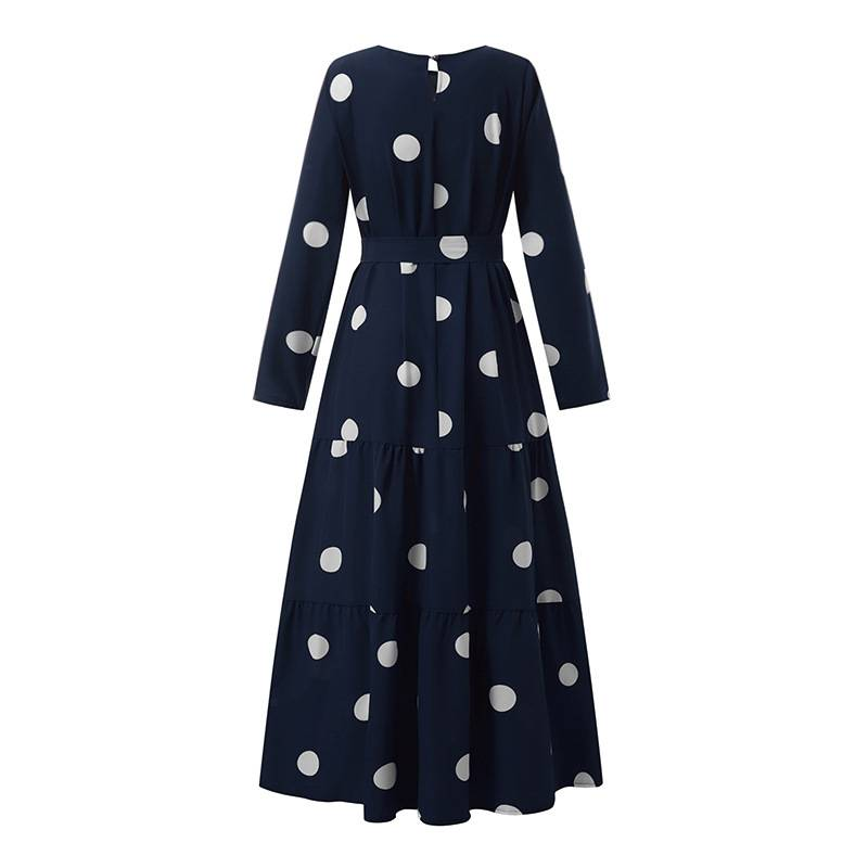 Ramadan-Kleid für Damen, Frühling, Muslim, elegant, lässig, locker, Abaya, Kaftan, Sommerkleid, langärmelig, mit Punkten bedruckt, O-Ausschnitt, Maxi-Robe_voghion.com