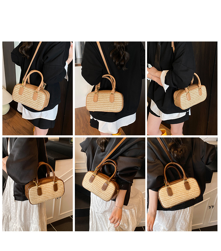 Borsa da donna in paglia intrecciata, piccola, quadrata, borsa a cuscino Boston, borsa a mano con colori a contrasto, borsa a tracolla_voghion.com