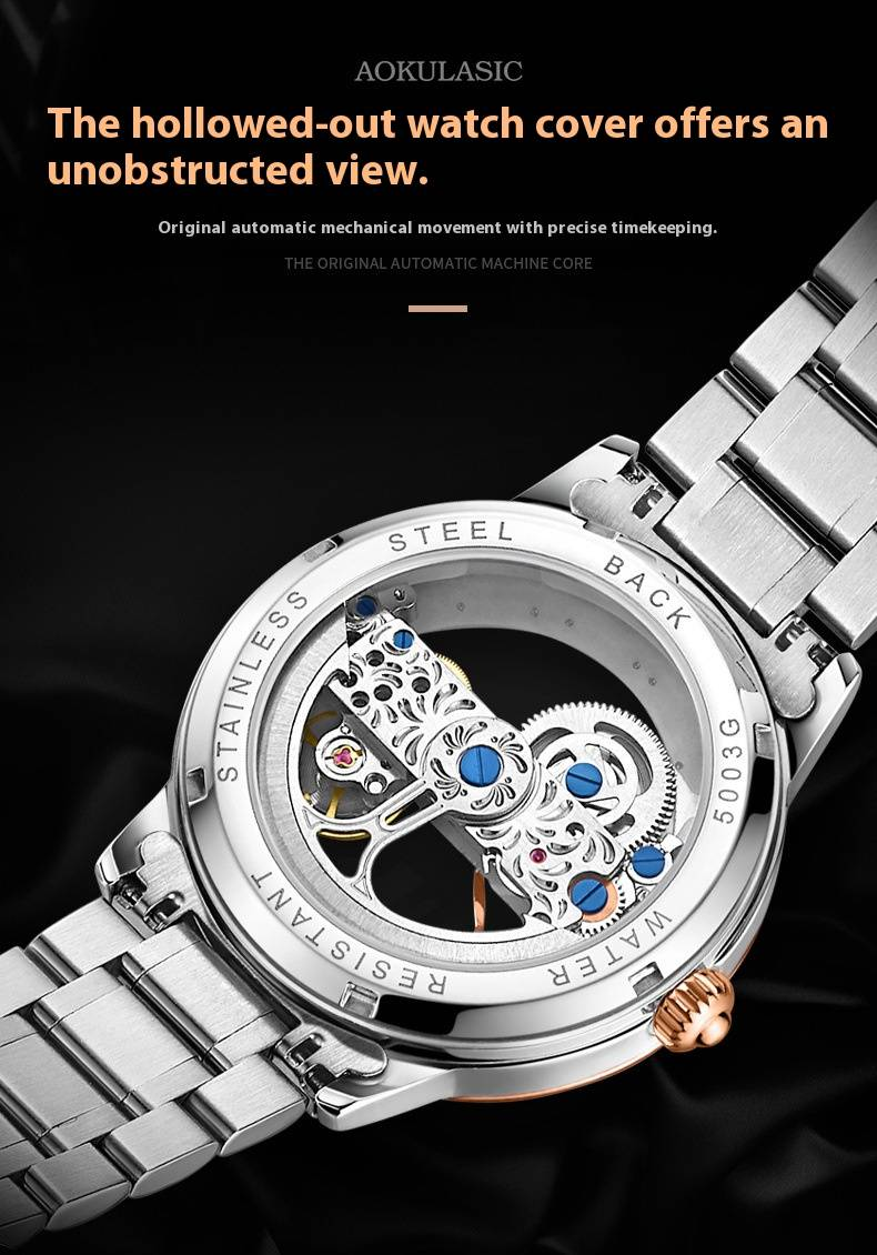 İskelet Kadranlı ve Şeffaf Kasa Arkalı, Paslanmaz Çelik Bantlı, 41 mm Çelik Kemerli Erkek Otomatik Mekanik Saat 5003G_voghion.com