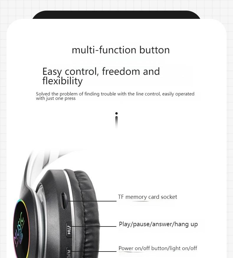 Draadloze Bluetooth-koptelefoon, opvouwbaar, stereobas-headset met led-licht en ingebouwde microfoon, 8 uur speeltijd, dubbele modus (BT/TF), voor sportmuziek_voghion.com