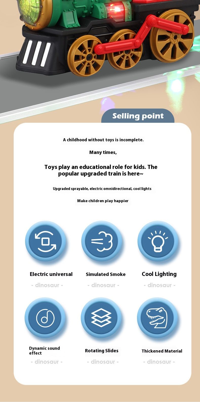 Conjunto de brinquedos interativos de trem a vapor e dinossauro – luzes LED, música, névoa de spray e controle de sensor de movimento (brinquedo elétrico educacional para crianças de 4 a 6 anos)_voghion.com