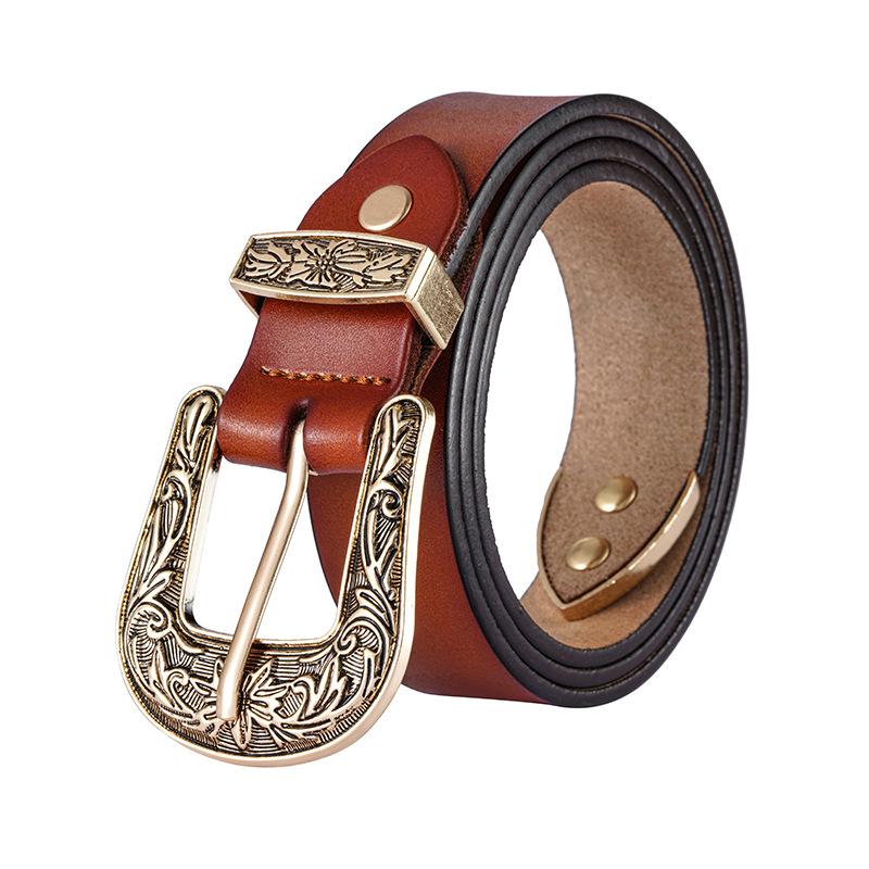 women's western denim retro three-piece set, versatile genuine leather cowhide coat, jeans belt, belt_voghion.com