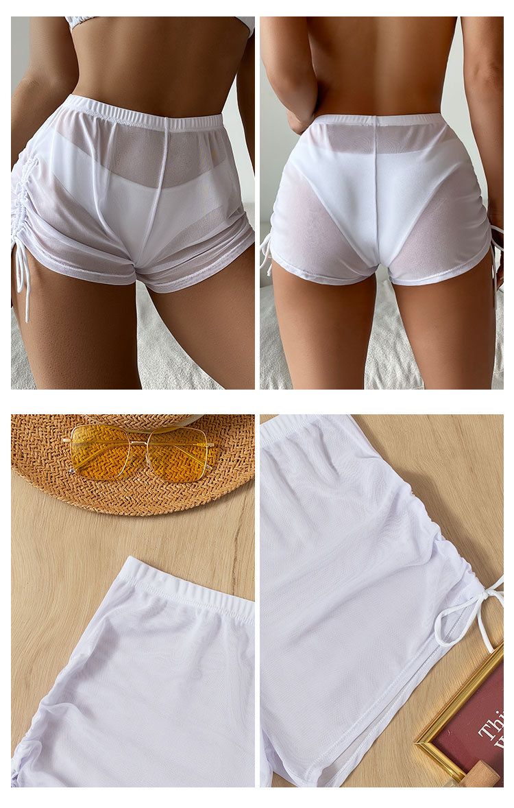 New European And American Sexy Solid Color Swimsuit Women's Four Corner Transparent Mesh Drawstring Beach Swimming Trunks Bikini Shorts_voghion.com