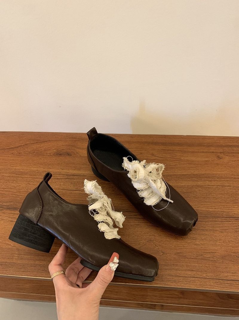 Square Toe Chunky Heel Brown Leather For Women New Autumn Winter New Lace-Up Korean Fashion High-End Single Shoes_voghion.com