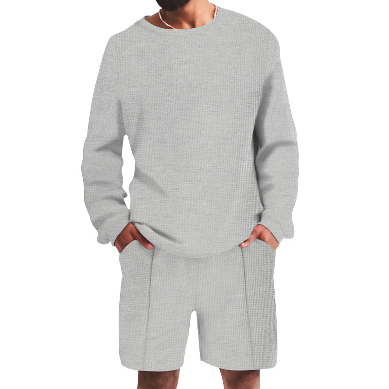 Waffle T-shirt Summer Men's Casual Sports Long Sleeve Shorts Two Piece Set for Men_voghion.com