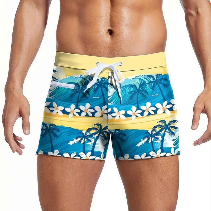 Men's Clothing New Coconut Tree Print Zipper Tether Leisure Tight Four Corner Swimming Spot_voghion.com