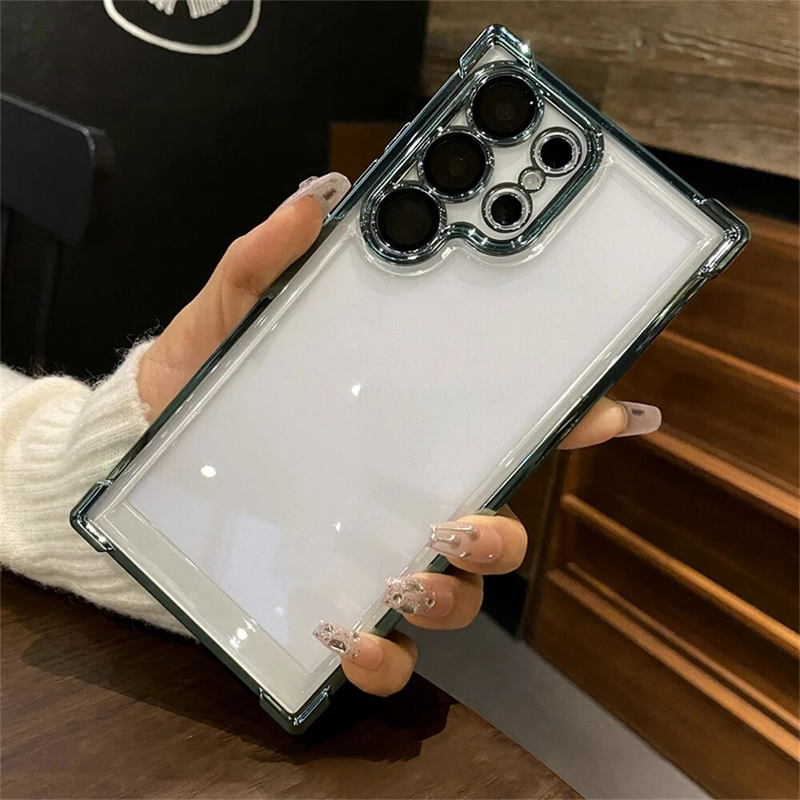 6D-plätering Transparent telefonfodral för Samsung Galaxy S24 Ultra S23 S22 Plus Elektropläterad linsfilm Luftkuddebumper_voghion.com