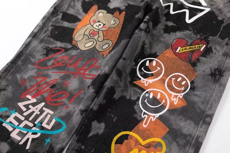 Roupas masculinas estilo high street escuro com estampa de grafite e desenho animado, jeans estilo papai, calças masculinas da moda hip hop com caimento solto_voghion.com