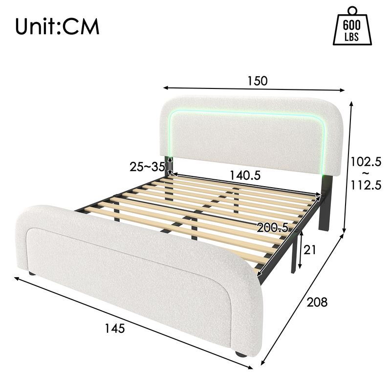 Polsterbett 140x200cm Con USB-C, LED, Copertina flessibile, Sherpa-Weiß_voghion.com