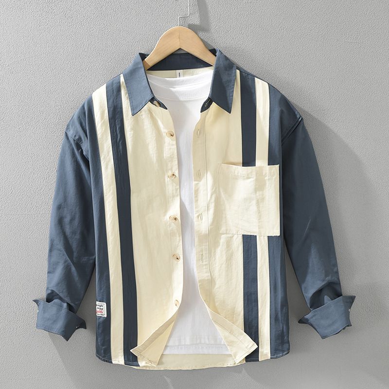 7356 Camicia a maniche lunghe con cuciture retrò giapponese da uomo, casual e versatile, alla moda, letteraria e ampia, abbigliamento maschile_voghion.com