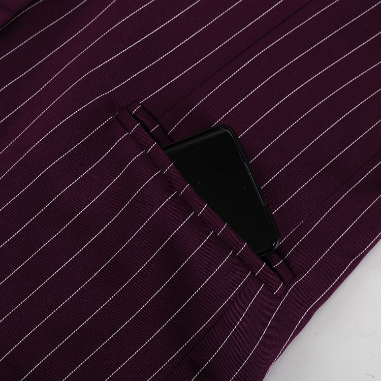 Giacca da abito a righe da donna, elegante blazer a righe con maniche a campana in pizzo – Giacca casual ampia per primavera/autunno in rosso vino_voghion.com