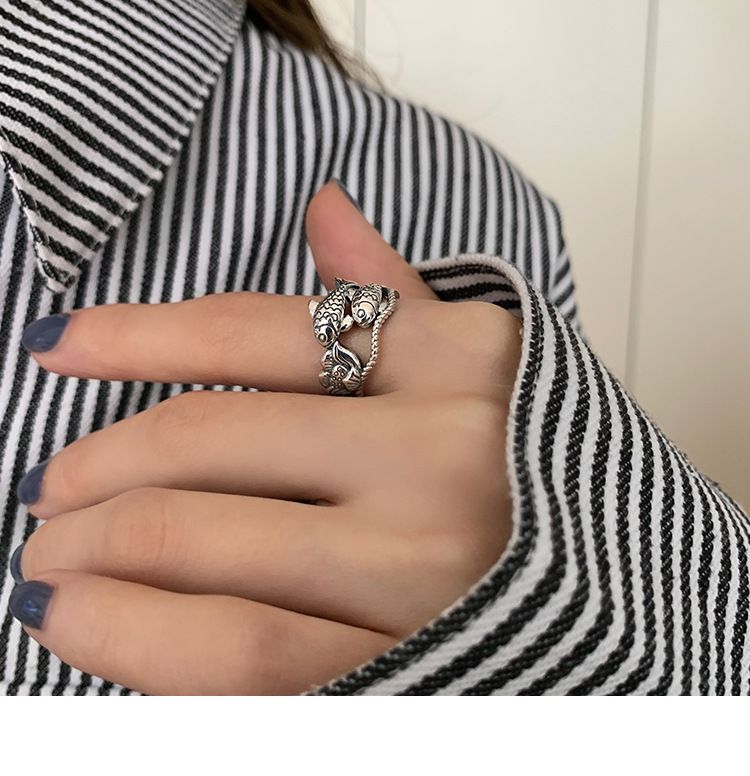 Ready Stock Sier Farbe Individualität Kreatives Design Krone Fisch Lotus Verstellbarer Ring Weiblich Retro Unregelmäßig Mode Exquisite_voghion.com