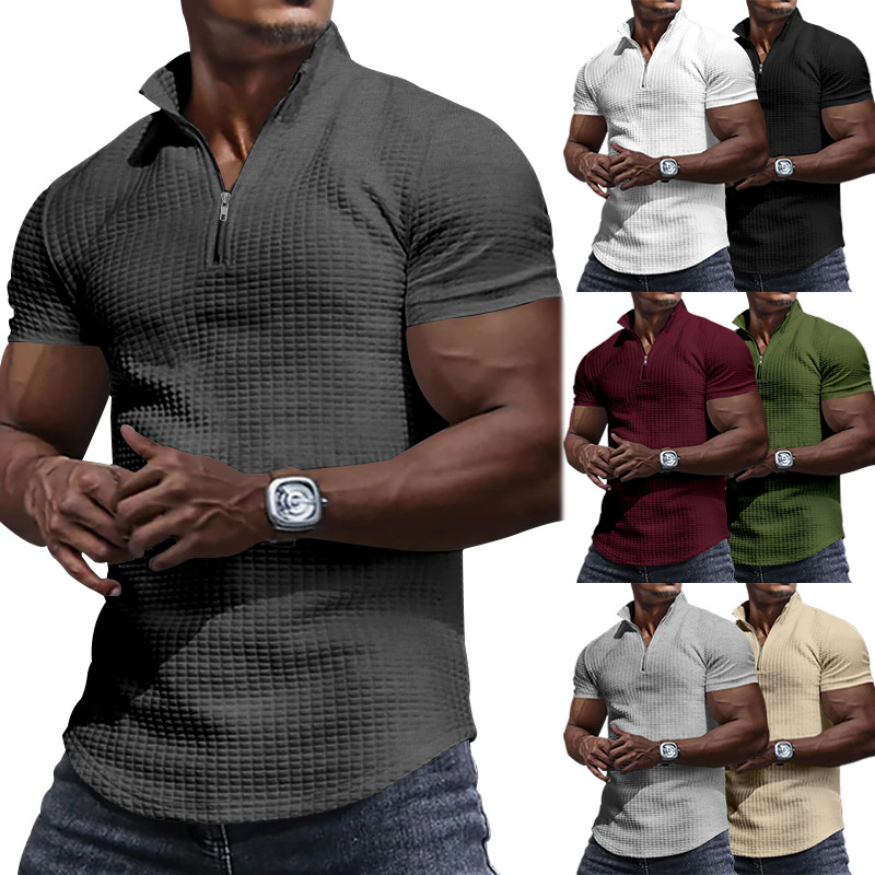 24 Poloshirt mit Stehkragen für Herren, kurzärmelig, einfarbig, kariert, mit Reißverschluss, T-Shirt für den Sommer, lässiges Oberteil_voghion.com
