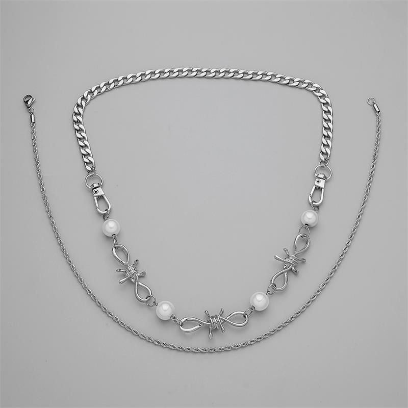 Portachiavi patchwork di spine con personalità esagerata, collana a strati di perle riflettenti, catena cubana a clavicola intrecciata_voghion.com